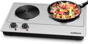 Cusimax Hot Plate Electric Double Burner Countertop Cast Iron Heating Plate, 1800W Indoor& Outdoor Portable Stove