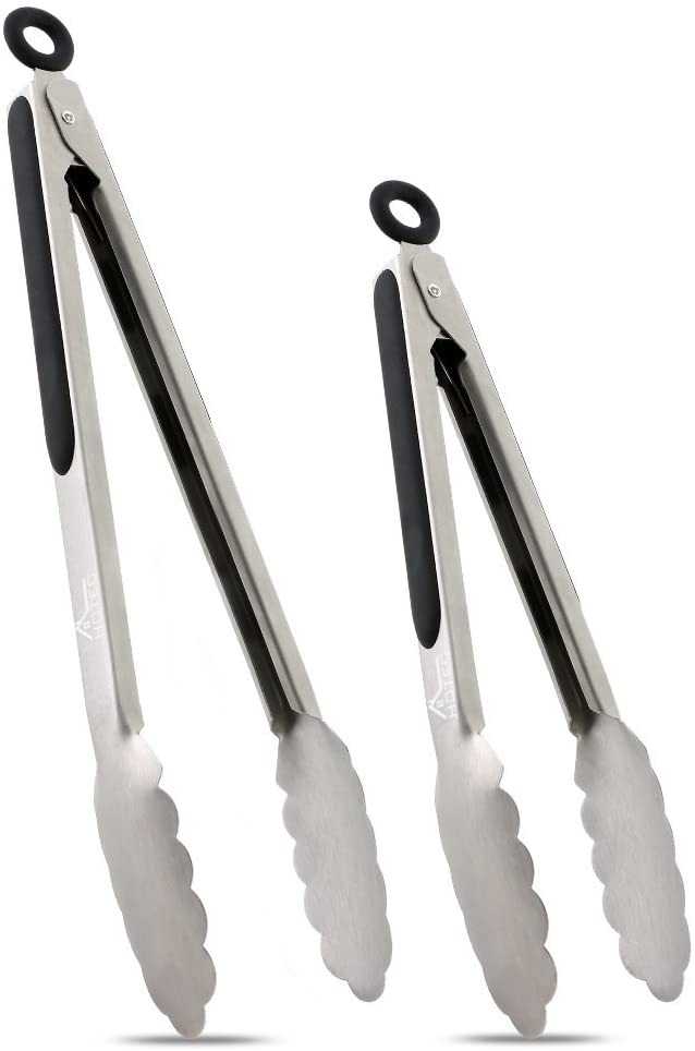 Hotec Stainless Steel Kitchen Tongs Set of 2 - 9" and 12", Locking Metal Food Tongs Non-Slip Grip